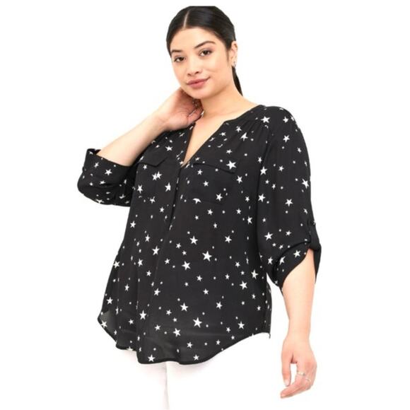 Torrid Harper Star Black White 3/4 Blouse 2x Celestial Workwear Flowy Casual - Picture 1 of 11